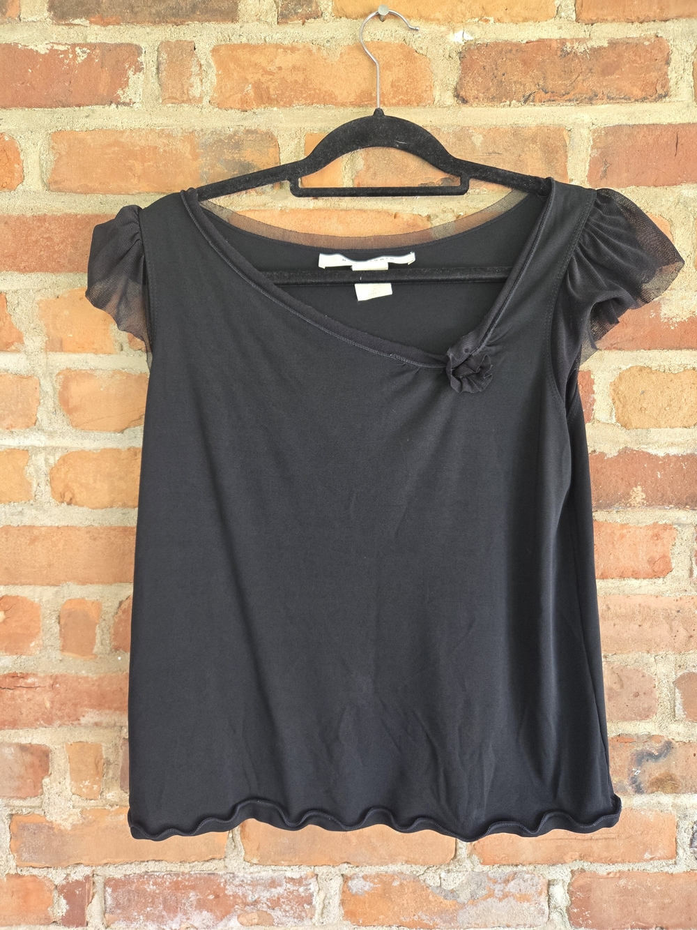 Max Studio Black Short Sleeve Tee with Rosette and Sheer Puff Sleeves
